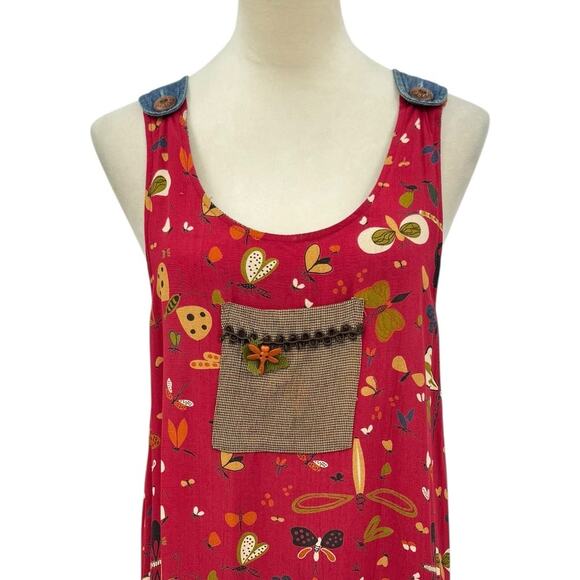 Vtg F. L. Malik Red Crepe Butterfly Dragonfly Novelty Print Maxi Jumper Dress - Picture 4 of 11